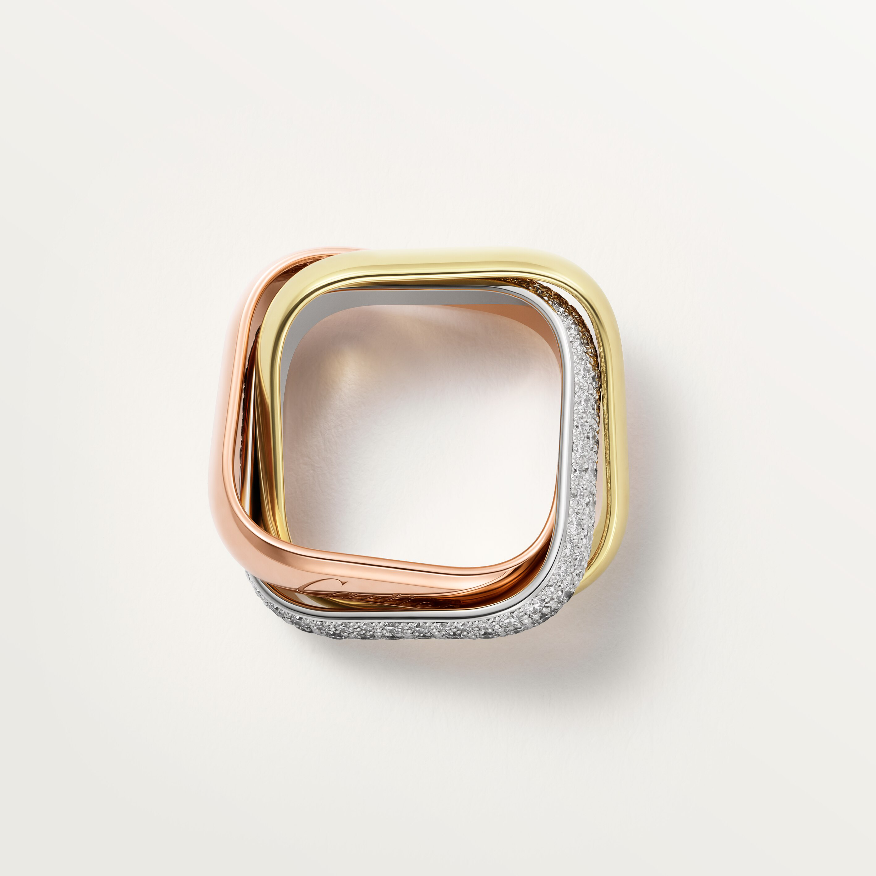 Trinity ring, cushion-shaped, large model, half-paved