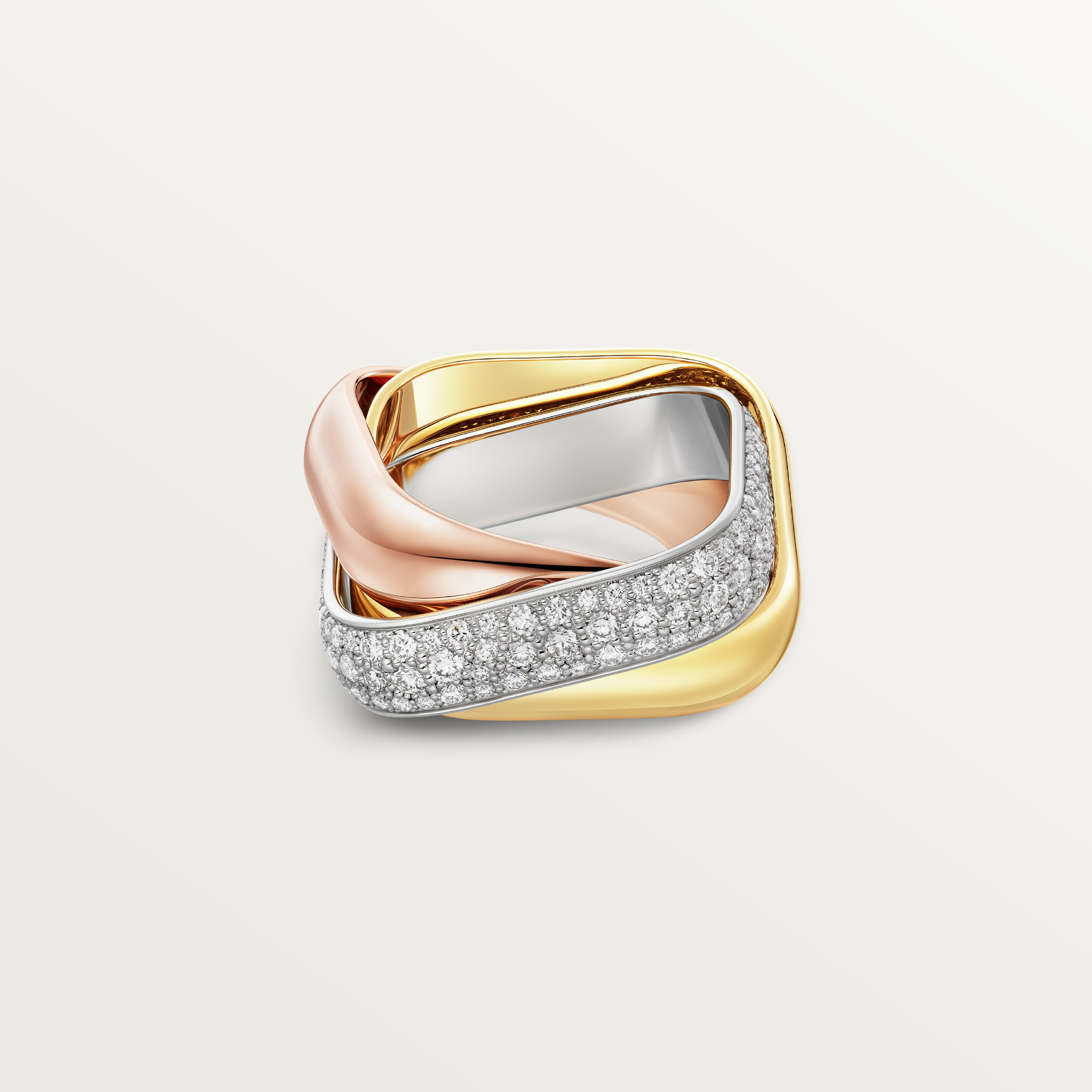 Trinity ring, cushion-shaped, large model, half-paved
