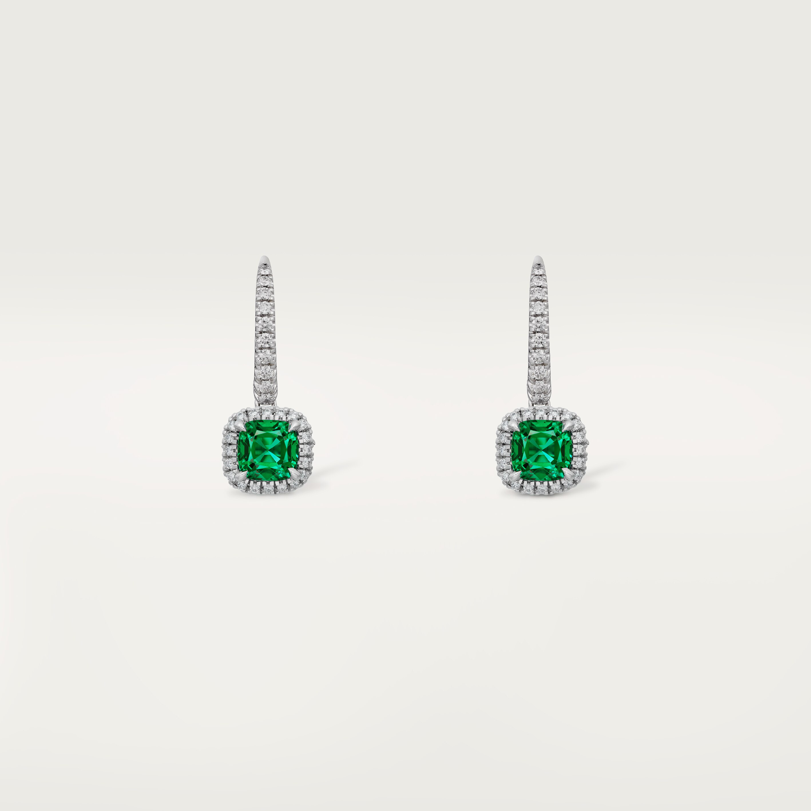 Cartier Destin&eacute;e sleeper earrings, 2 cushion-cut emeralds, paved 