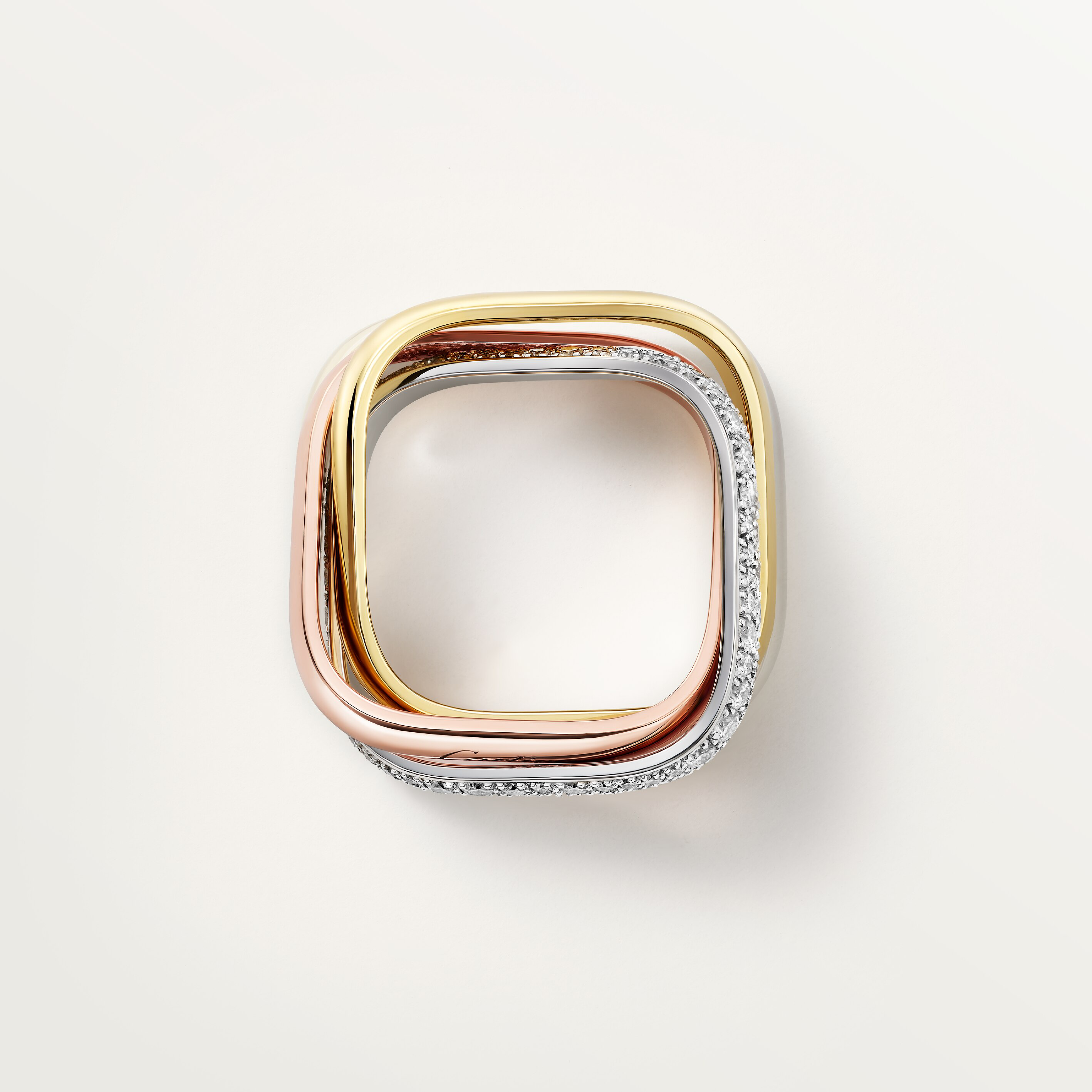 Trinity ring, cushion-shaped, medium model, half-paved